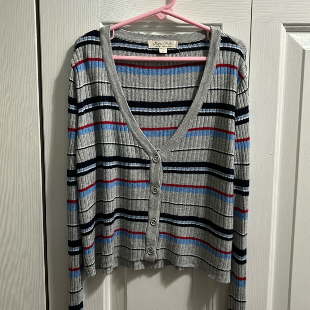 Ultra Flirty crop top XS gray striped cardigan. Lovingly used.